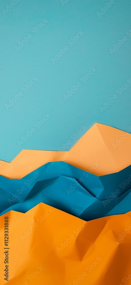 Poster crumpled teal and orange paper sheets are arranged against a teal background, creating an abstract l