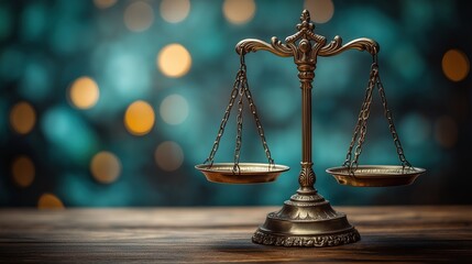 Antique balance scale against blurred lights symbolizing justice and fairness