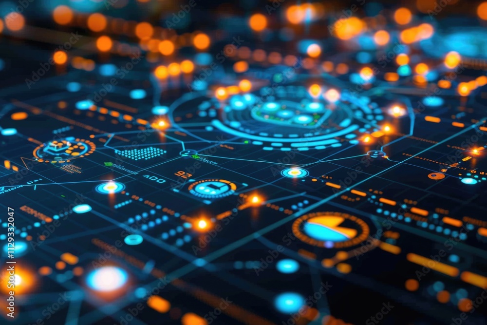 Poster close-up shot of a circuit board with glowing lights, suitable for technology and electronics-relate