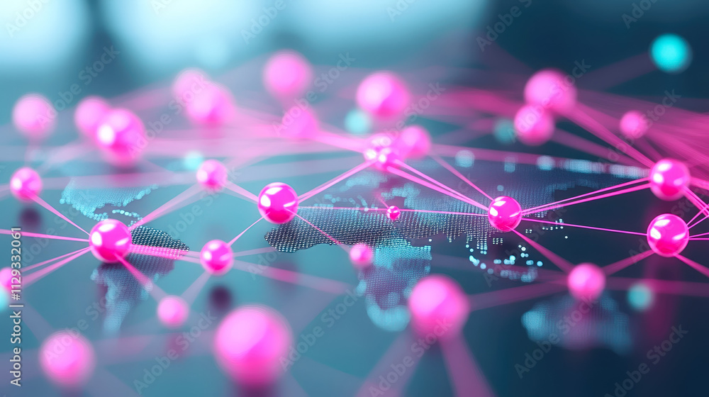 Poster pink nodes and connecting lines illustrate a global network over a dark, detailed world map, symboli