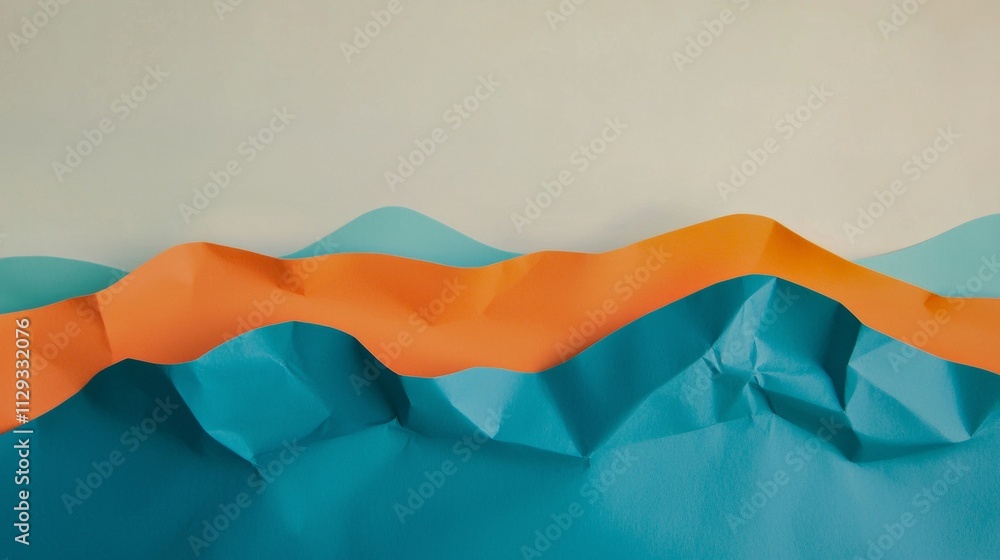 Poster crumpled and folded paper sheets form an abstract landscape with contrasting orange and teal colors 