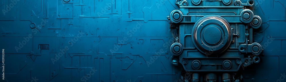 Poster futuristic blue panel with intricate mechanical design and circular element.