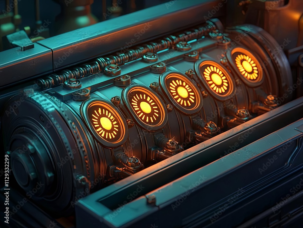 Poster close-up of a futuristic engine highlighting glowing elements and intricate details.