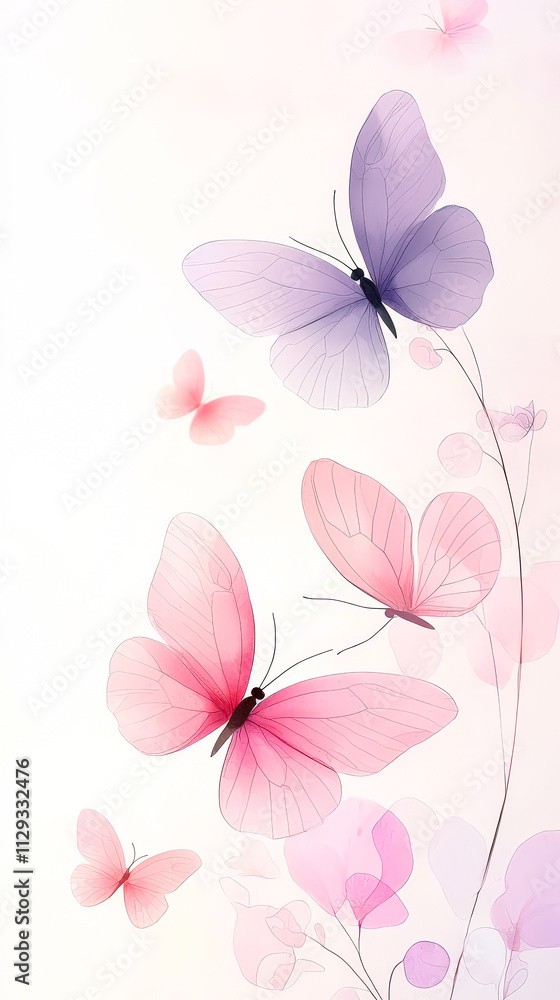 Poster delicate butterflies in shades of pink and purple float gently against a light background, creating 