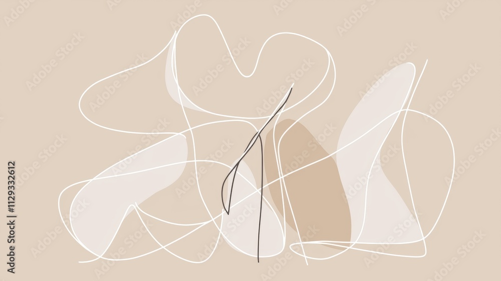 Poster continuous line drawing forming abstract shapes and patterns, creating a minimalist and modern aesth