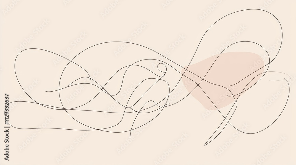 Aufkleber continuous black line creating abstract shapes and patterns on a beige background with a salmon-colo