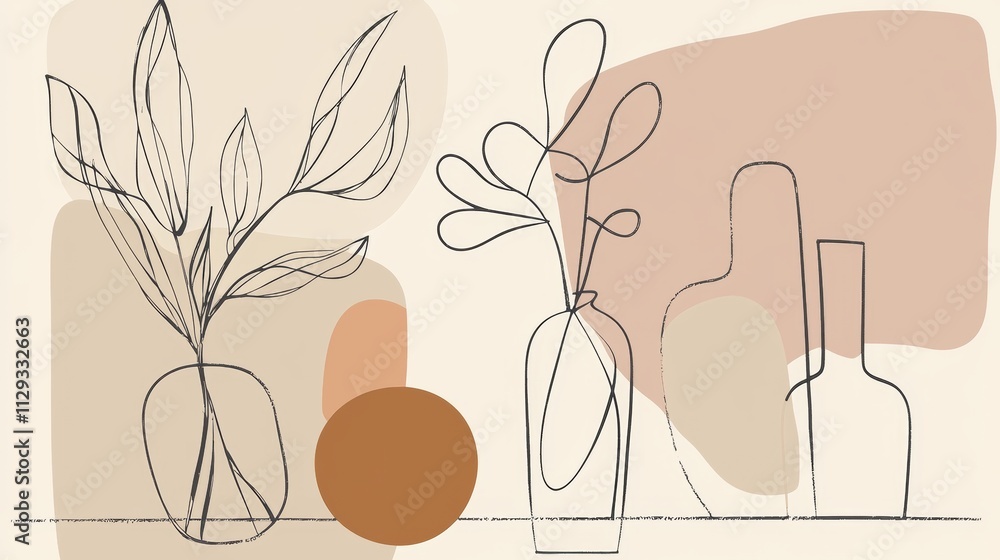 Poster displaying plants and bottles on a shelf, featuring a minimalist one line drawing style complemented