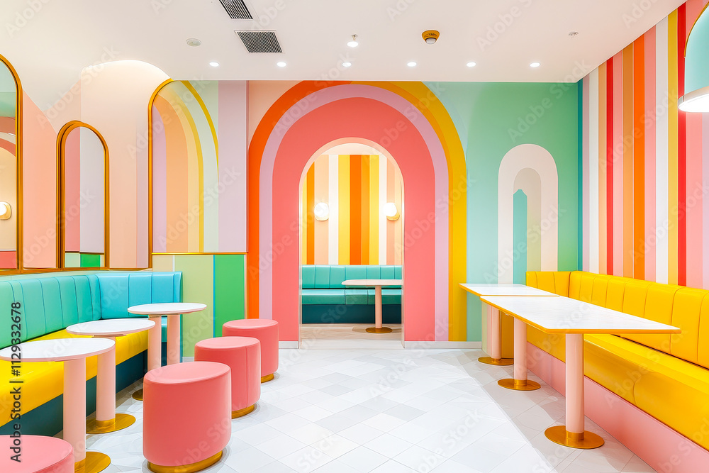 Aufkleber a cafe features bold colors and playful seating, creating a lively and inviting space for guests to 