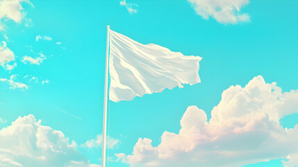 White flag mockup fluttering on a pole against a bright blue sky with fluffy clouds . illustration