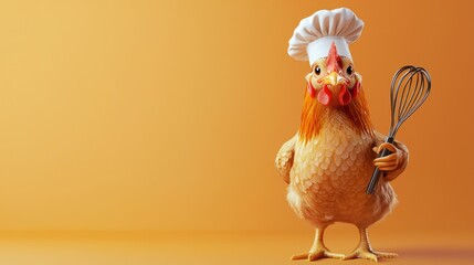 A whimsical chicken chef wearing a hat, holding a whisk, set against a warm orange background, blending culinary creativity and humor.