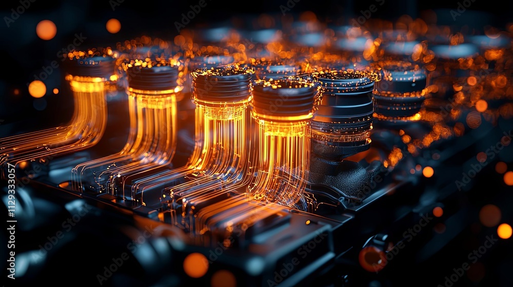 Aufkleber close-up of futuristic glowing machine components with intricate details and glowing elements.