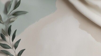 Eucalyptus branch extending over a beige and green watercolor background with a draped white cloth creates a serene and minimalist aesthetic, perfect for wellness or nature-inspired projects