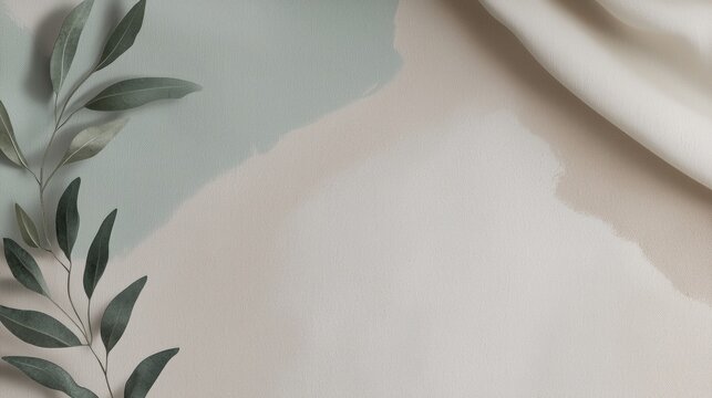 Eucalyptus branch extending over a beige and green watercolor background with a draped white cloth creates a serene and minimalist aesthetic, perfect for wellness or nature-inspired projects