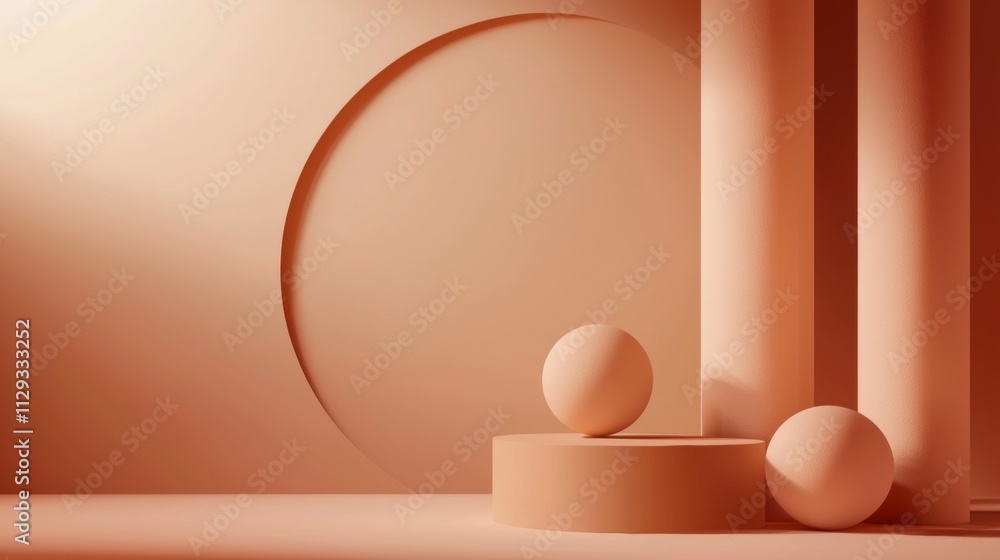 Poster cylindrical podium showcasing sphere with warm monochromatic backdrop, illuminated by soft light, cr