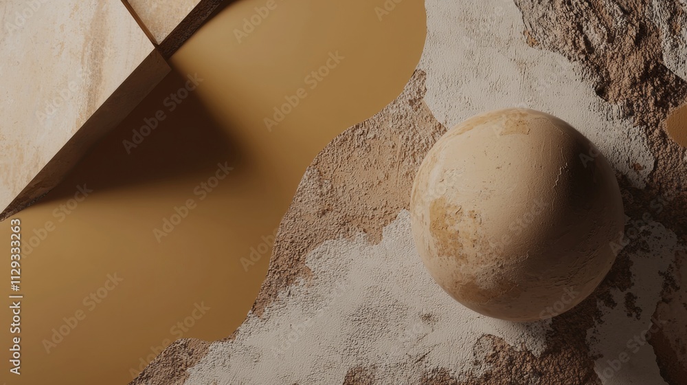 Aufkleber textured sphere resting on a rough, partially covered surface beside a smooth geometric shape and a 