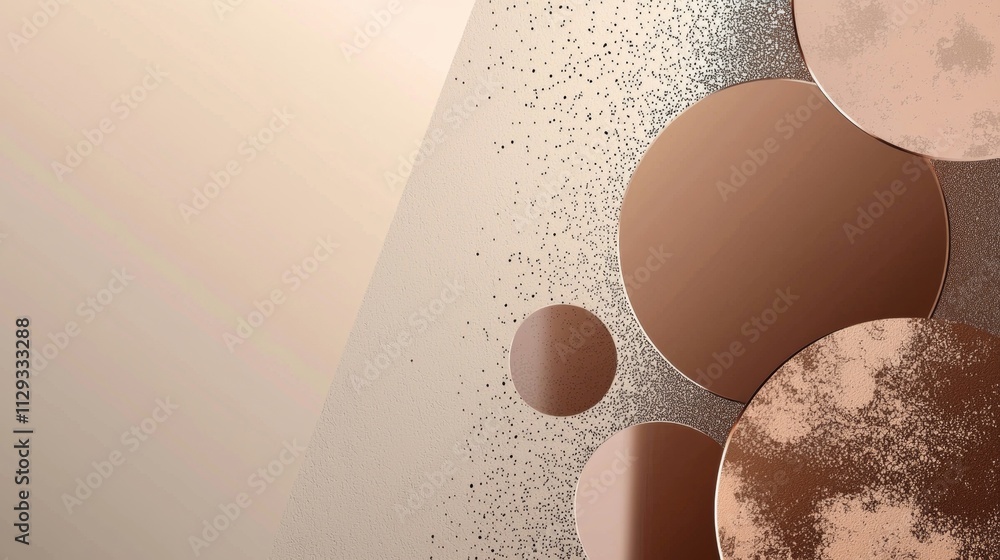 Poster geometric background featuring overlapping circles in warm, earthy tones, accented by a scattering o