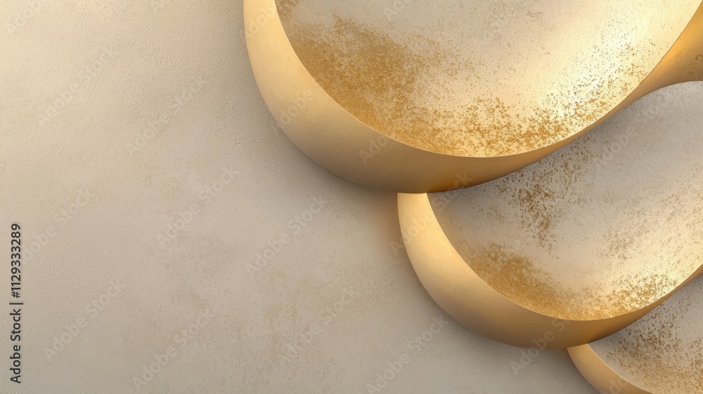 Poster abstract background with overlapping golden semicircle shapes on a textured beige background creatin