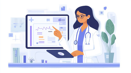 Doctor pointing at a medical chart on a tablet Representing modern healthcare, medical doctor icon