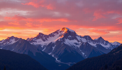 Obraz premium Stunning mountain peak illuminated by sunset with vibrant sky and clouds background
