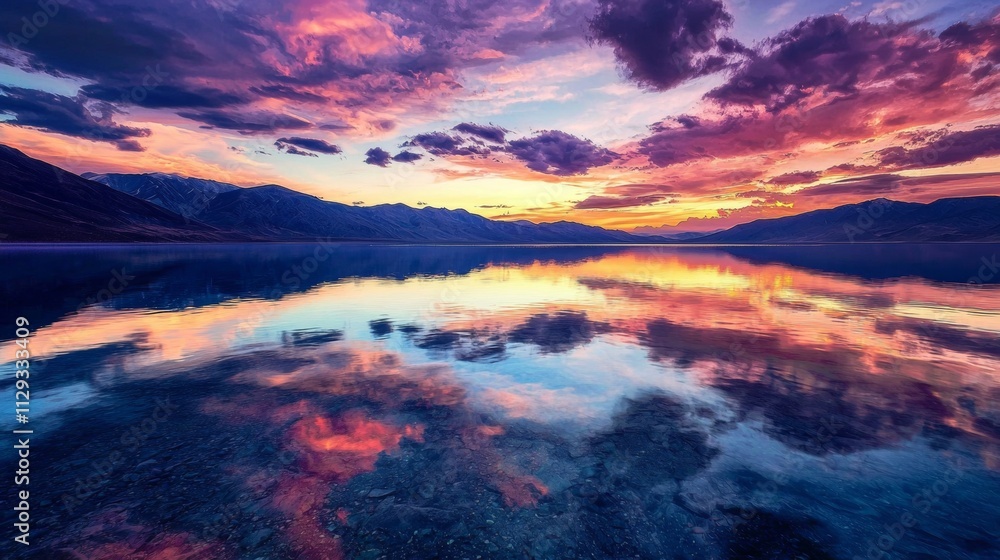 Poster colorful sunset reflecting on a calm lake surface, creating a mirror-like effect that captures the v