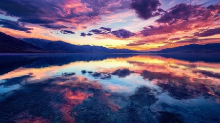 Fototapeta premium Colorful sunset reflecting on a calm lake surface, creating a mirror-like effect that captures the vibrant hues of the sky and surrounding mountains, offering a breathtaking view of nature's beauty