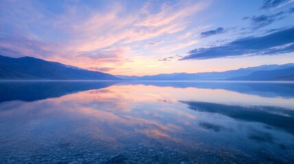 Fototapeta premium Calm lake reflecting the warm hues of sunrise, showcasing pink and purple clouds drifting above a distant mountain range under a clear sky, creating a serene natural landscape