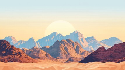 Naklejka premium Breathtaking desert landscape showcasing majestic, rocky mountains bathed in the warm glow of a setting sun, with rolling sand dunes stretching across the foreground