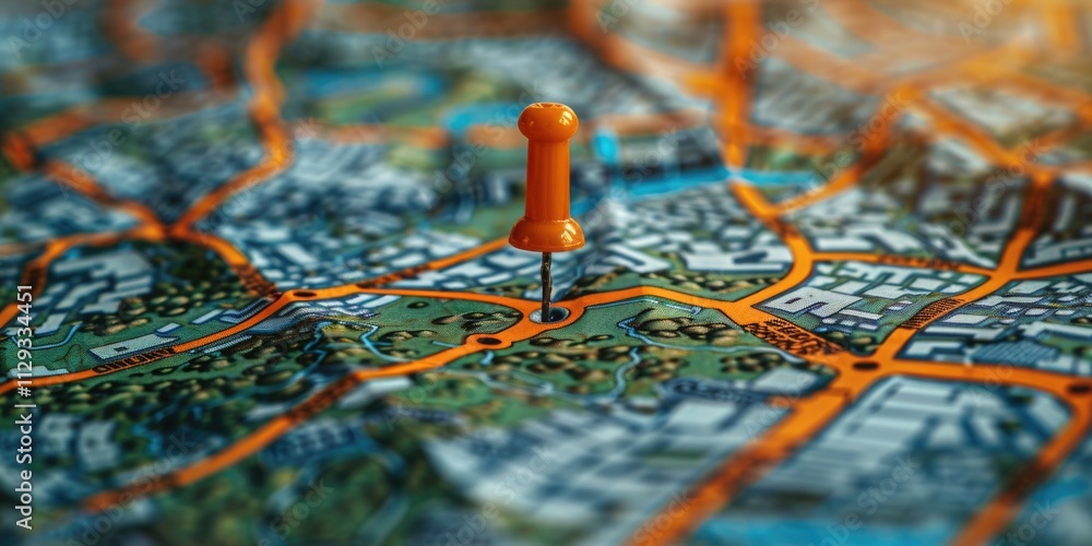 Poster a detailed view of a map with a single pin indicating a specific location, useful for planning and n