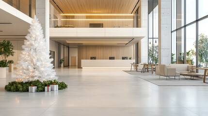 Holiday decor enhances the contemporary lobby featuring a white Christmas tree, elegant seating areas, and large windows inviting natural light