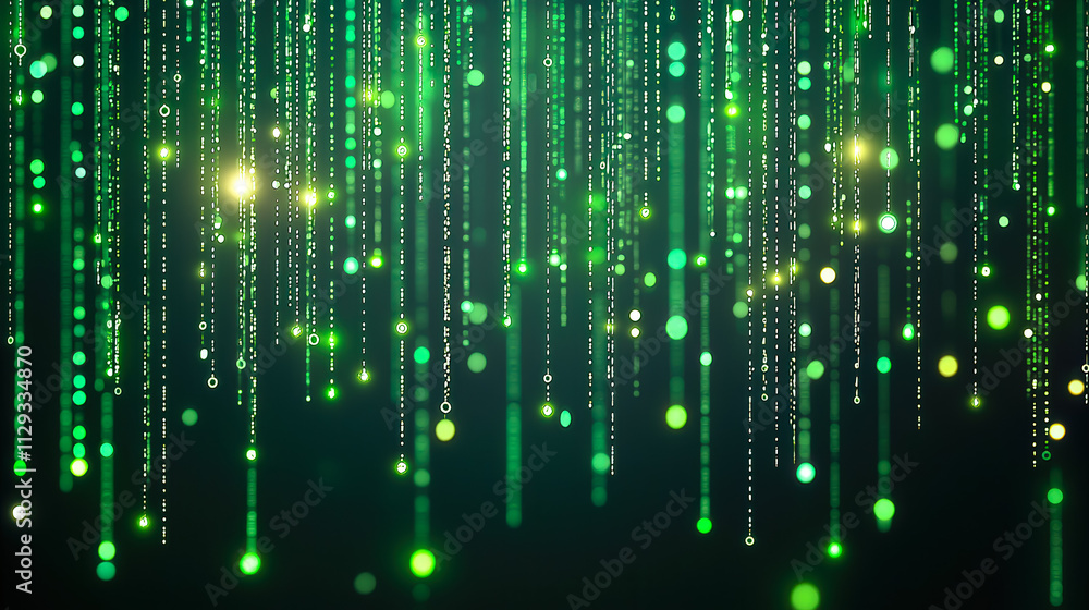 Leinwandbilder Vertical streams of green digital code create a mesmerizing effect in a dark environment, featuring glowing elements and bright focal points, Perfect for background use in videos and projects
