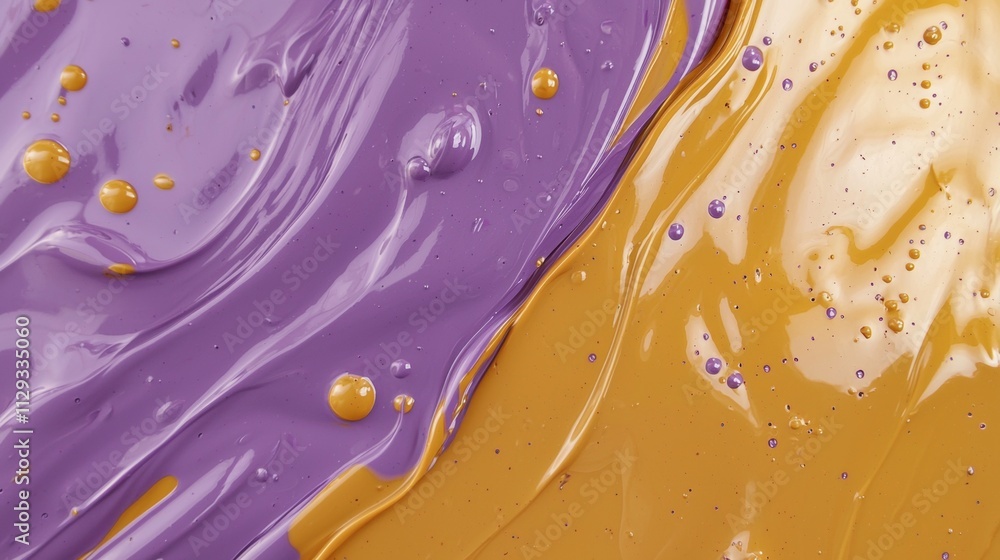 Poster Purple and gold paint mixing together, creating an abstract pattern of swirls and bubbles, showcasing a vibrant and dynamic interplay of colors and textures
