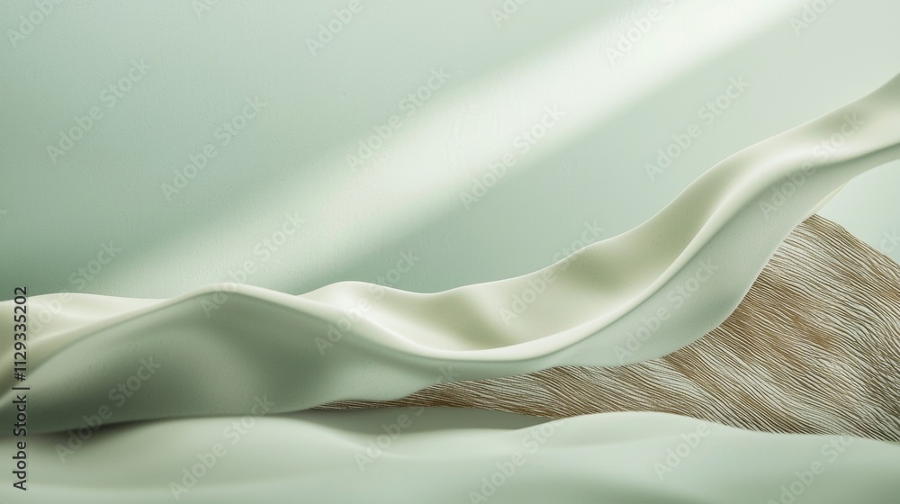 Poster light green fabric flowing and creating abstract waves on a textured green background with soft shad