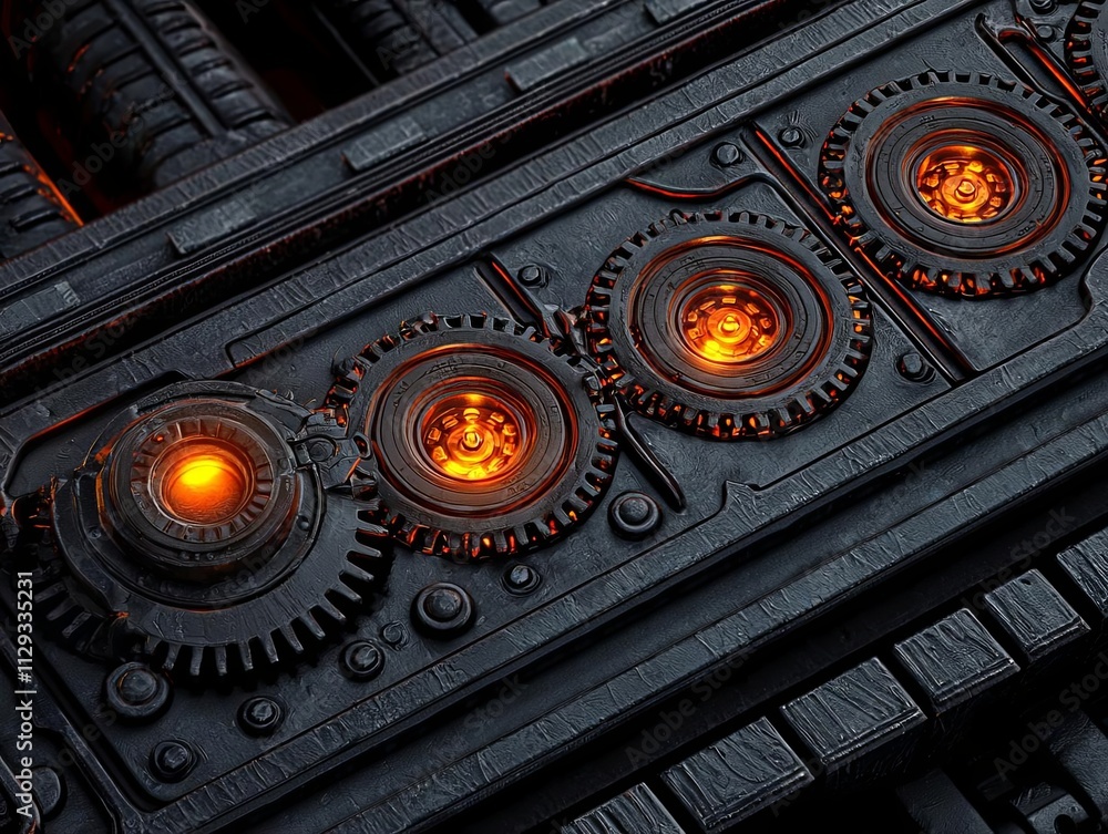 Poster close-up view of intricate gears with glowing orange lights in a dark mechanical setting.