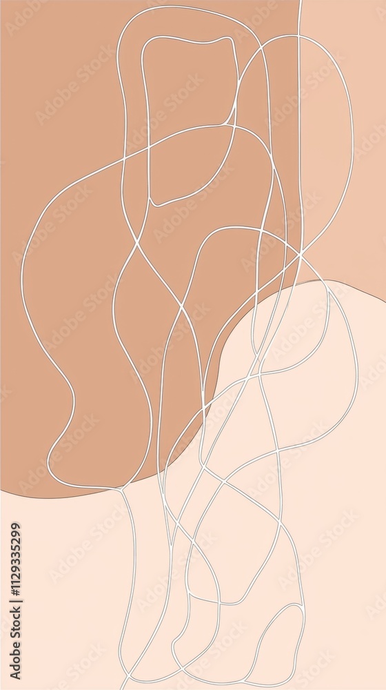 Poster white lines intertwining and creating abstract shapes on a pastel background with soft pink and ligh