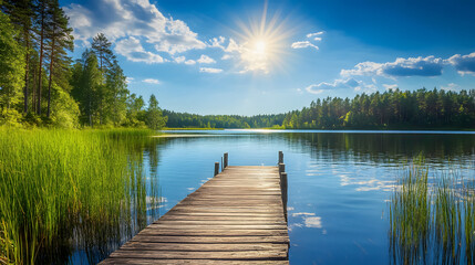 A traditional Finnish landscape showcasing a beautiful lake on a summer day, complete with a rustic wooden dock and sunlit forest.