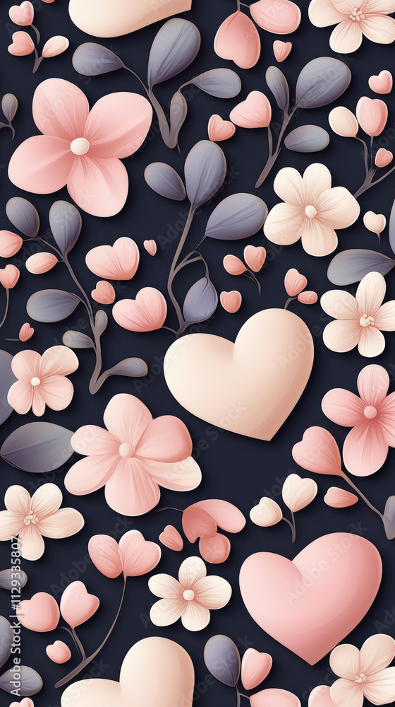 Poster delicate hearts and pastel flowers create a vibrant pattern with various floral elements against a d