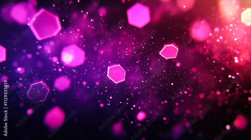 Poster abstract depiction of glowing hexagonal shapes against a dark background creating a vibrant atmosphe