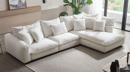 Minimalist living room with sectional sofa and area rug