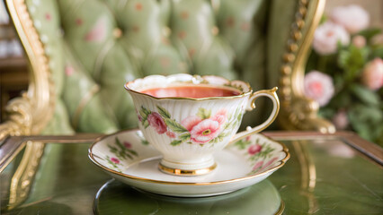 Fototapeta premium Vintage floral teacup with saucer placed on ornate chair surrounded by soft natural lighting