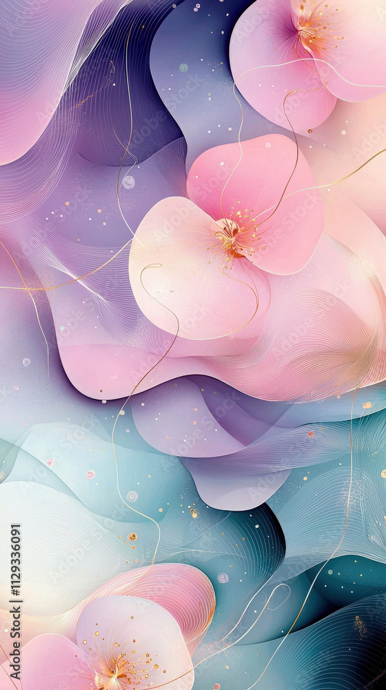 Poster delicate flowers in pastel shades blend seamlessly with flowing waves, creating a serene and calming
