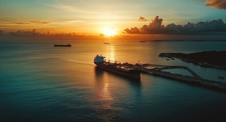 Sunset Aerial View of Crude Oil and LPG Tanker Ships Anchored in Bay, Showcasing Maritime Industry and Architectural Elements