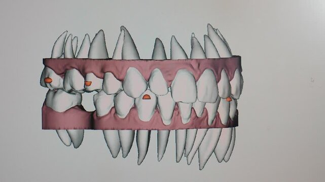 Digital animation presents a 3d model of a human jaw in orthodontic treatment. The model rotates, highlighting the gradual alignment of teeth for an enhanced bite. Teeth correction procedure. Modern