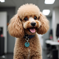 Fluffy poodle smiling in a grooming salon