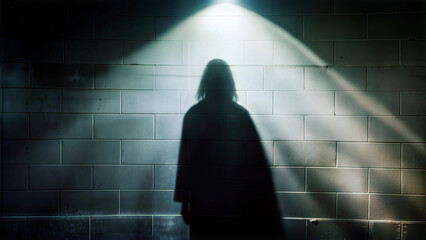 Silhouette of mysterious figure standing against dark illuminated wall with dramatic shadow effects