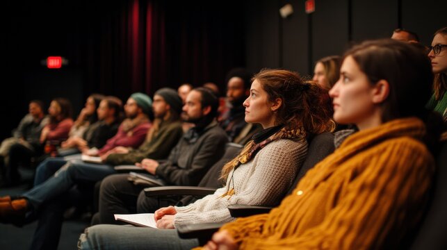 Attentive audience in a dark theater.