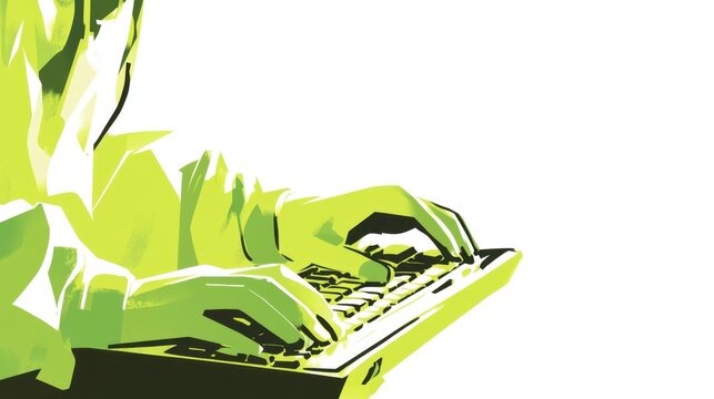 Bright lime green employee typing on a keyboard minimal flat design vector art solid white background focused scene modern office workspace digital productivity
