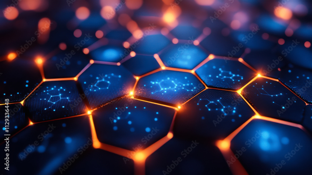 Aufkleber exploration of a futuristic digital landscape with hexagonal patterns and glowing lights