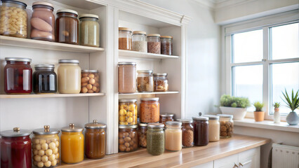 Stylish pantry shelves with an assortment of glass jars containing spices, grains, and dry goods