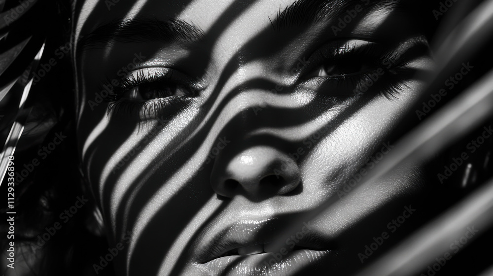 Aufkleber person with captivating eyes partially covered by shadow patterns from palm leaves in a striking bla