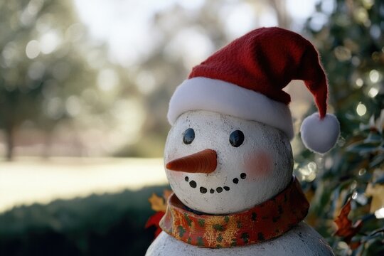 A close-up view of a snowman dressed in a festive Santa hat, ideal for holiday-themed projects and designs